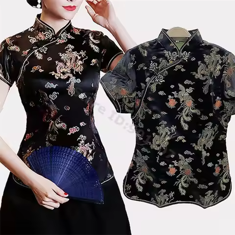 Plus Size Blouse Tang Clothes Women Satin Shirt Chinese Style Satin Shirt Tops Button Down Qipao Fem