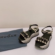 二手 近全新 狀況良好 HOGAN 厚底時尚 潮流 女鞋 涼鞋 休閒鞋 38.38號半 鑽飾 黑白色條紋