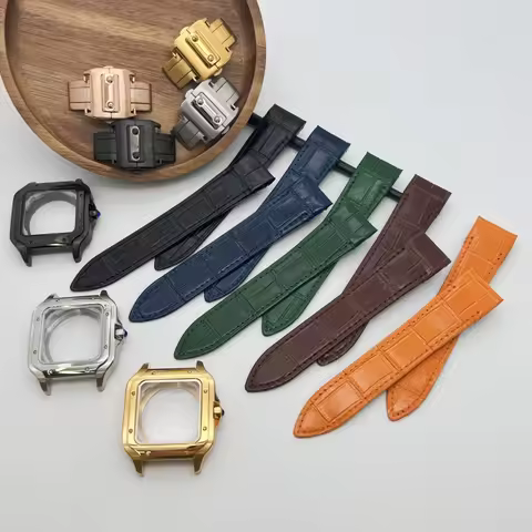 38mm Square Golden Watch Strap Case Leather Watchband for Sandoz NH36 NH35 NH70 Movement for 27mm Di