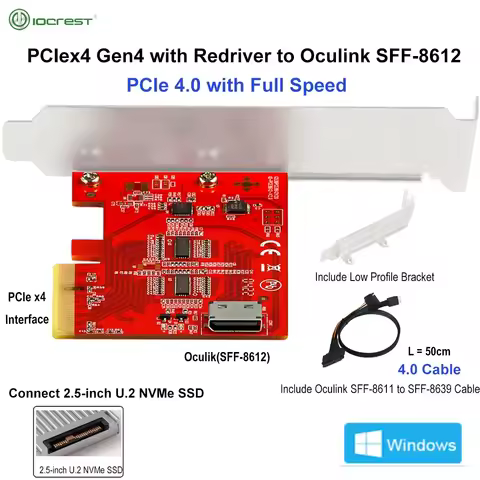 IOCREST PCIe 4.0 x4 Gen4 with Redriver to Oculink 4i SFF-8612 Add-in Card Adapter Full Speed Connect