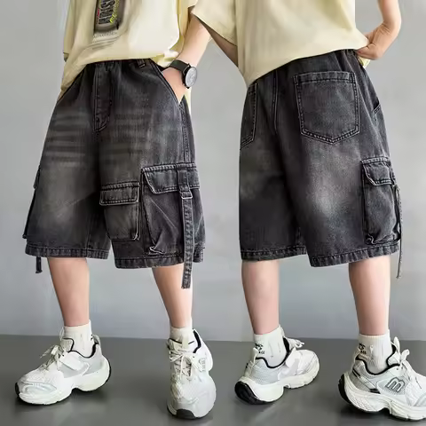 2026 Summer New Kids Designer Black Denim Cargo Shorts Tweens Boy Casual Straight Jeans Shorts For C