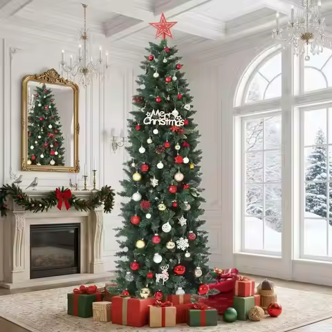 Tacleekii 6FT 7.5FT 9FT 12FT Pre-Lit Christmas Tree, Artificial Pencil Holiday Decoration with LED L