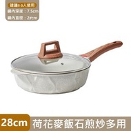 【**包裝隨機**】28cm 白色荷花麥飯石平底鑊平底鍋不粘鍋煎炒鍋(電磁爐通用)  【煎牛排｜炒菜｜加厚材質】