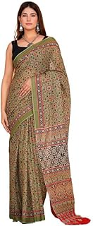 Hand Printed Ajrak Printed Women Mulmul Cotton Sarees for Women with Blouse Piece 1750, Multi 28, On