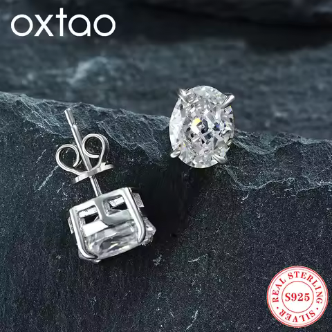 OXTAO Simple Four Claw Stud Earrings for Women Real 925 Silver Oval Cut 7x9mm 2.0ct High Carbon Diam