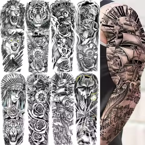 1 Sheet Full Arm Compass Zeus Skull Tiger Lion Flower Temporary Tattoos Sleeve For Men Women Adults 