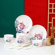 JH SHOP ชุดจานชามเซรามิค ลายปลามงคล จานลายเซรามิคกระเบื้อง 1เซ็ต /10ชิ้น NO.Z1