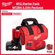 Milwaukee M12 Starter Pack M12B4 M12 x 4.0ah Battery + C12C M12 Charger + M12 Contractor Bag (S) Com