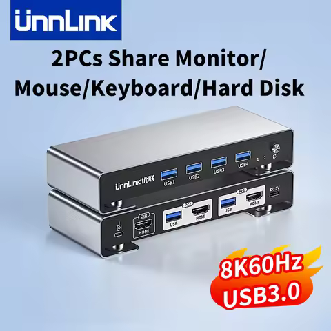 Unnlink 8K 60Hz HDMI KVM Switch USB 3.0 KVM Switcher 2 PCs Sharing 1 Monitor,Printer,Keyboard,Mouse 