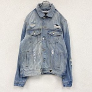 古著GUESS 做舊靛藍色牛仔夾克，M 碼