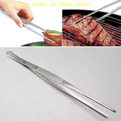 【X】Stainless Steel Toothed Tweezer Long Barbecue Food Tong Straight Tweezer Home Garden Kitchen Bbq 