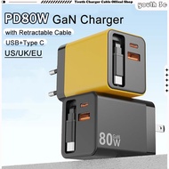 GaN Charger 80W Super Fast Charging Phone Charger USB+PD Foldable Pin Wall Charger with 80cm Retract