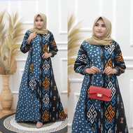 gamis batik wanita / gamis batik jumbo / gamis batik kombinasi polos - biru xxxxl