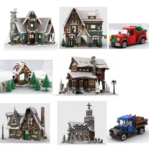 City Street Village Winter Church Construction Building Blocks MOC Toys Scene Snow House Modular Arc