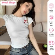 Meei Shop BabyTee Fit Body Short-Sleeved Round Neck Bow Embroidery Shirt, Women's Smooth Ribbed T-Sh