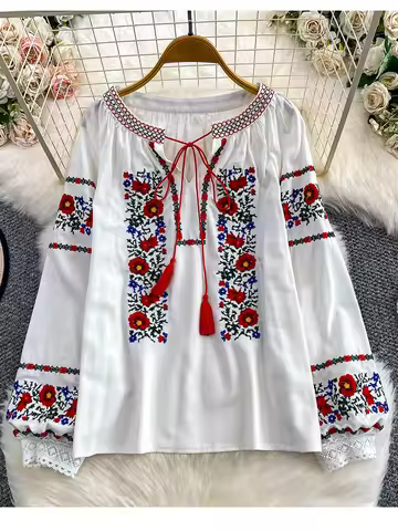 Women's Autumn Bohemian Blouse Ethnic Embroidered O-Neck Shirt Casual Bow Tie Loose Top Linen-cotton