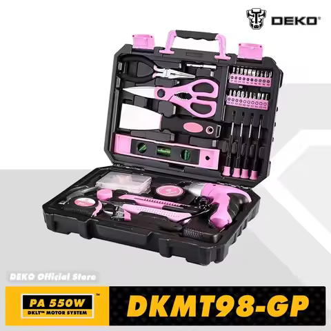 DEKO DKMT98-GP Pink 98 Piece Tool Set General Household Hand Tool & for Woodworking Kit with Plastic