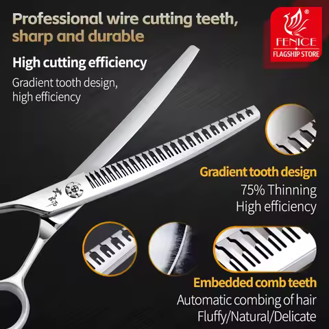 Fenice Professional Left-Handed 7Inch JP440C Dog Curved Scissors Natural Thinning Chunker Pet Groomi
