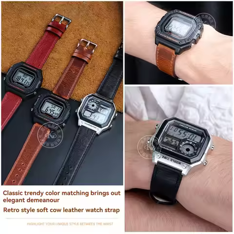 18mm Genuine Leather Watchband For Casio AE1200 AE1300 AE1500 A158W A168 W-218H Retro Cowhide Watch