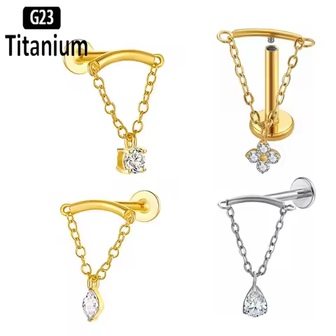 G23 Titanium Hidden Curved Chain Marquise CZ Drape Internally Threaded Cartilage Helix Studs Earring