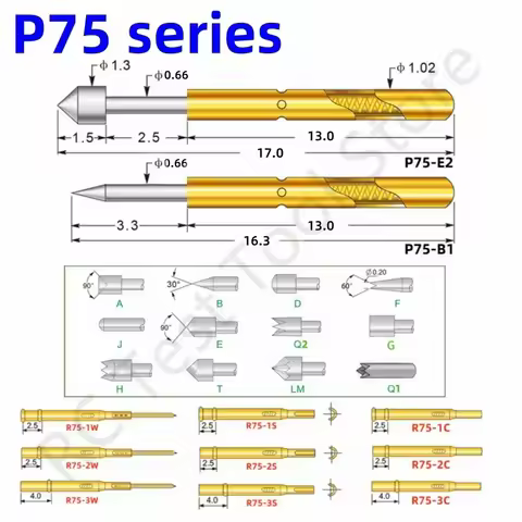 Spring Test Probe P75 R75 Series Pogo Pin 1.02mm Nickel Plated Needle Head 1.3/1.5mm Socket Receptac