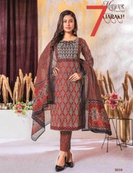 Branded Ajrak printed & Embroidery straight cutting Cotton Kurti with pants & Dupatta