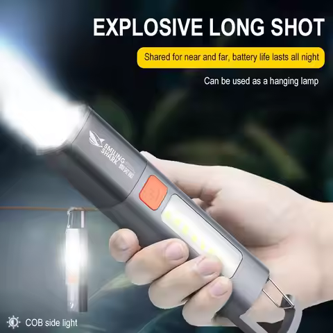 Smiling Shark SD1023 LED Torch Light XPE Super Bright Flashlight with Hook Camping Light USB Recharg