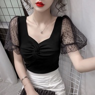 Fashionable Lace Mesh Versatile Short-sleeved T-shirt Women's Korean Version of The Temperament Elegant and Simple Top