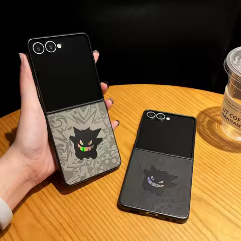 Cartoon Gengar Leather Phone Case For Samsung Galaxy Z Flip 7 6 5 4 Flip7 Flip6 Flip5 Flip4 Shockpro