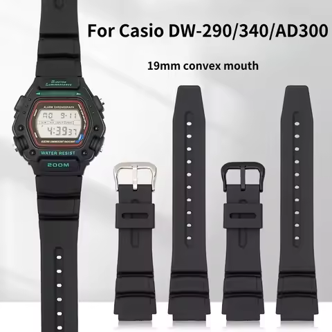 Watchband For Casio DW-290/340/AD300 19mm Resin Rubber Watch Strap with Raised Ends Durable & Comfor