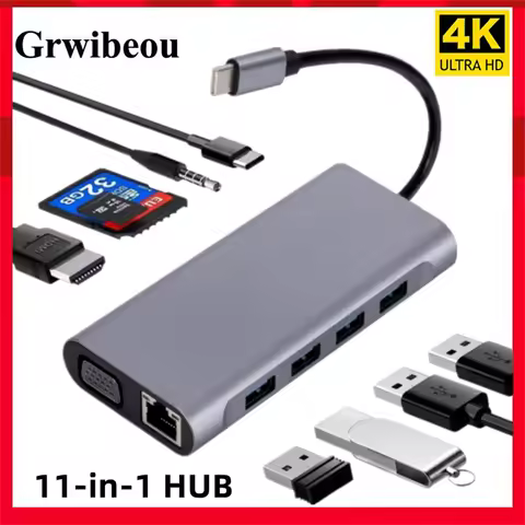 11 in 1 USB C HUB Type C to RJ45 4K 30Hz HDMI VGA Adapter SD TF USB 3.0 2.0 Docking PD 87W USB C Spl