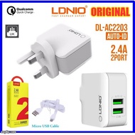 ORIGINAL LDNIO 2.4A Dual 2 USB Output Port Auto ID USB Charger with UK 3-Pin PluG FREE CABLE