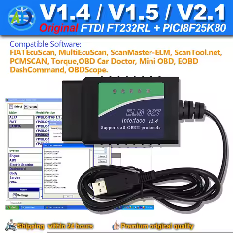 V1.4/1.5/2.1 ELM327 USB for FIATEcuScan/MultiEcuScan/PCMSCAN/ScanMaster/ScanTool FTDI FT232RL OBD2 D