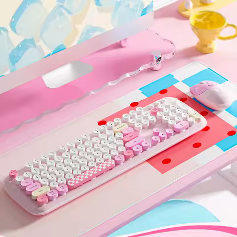 GEEZER ZERO Wireless Keyboard Mouse Combo, Cute Cat Shape Mouse, Dopamine Macaron Round Keycaps, Off