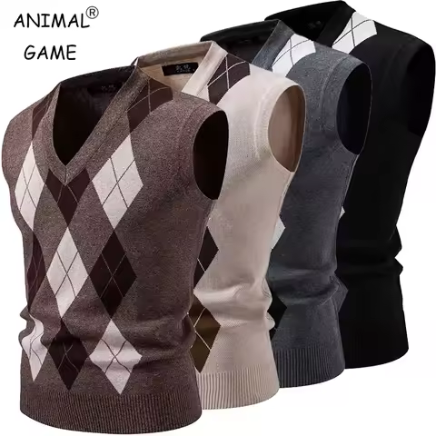 Autumn Men's Sleeveless V Neck Pullover Sweater Slim Fit Argyle Sweater Vest Knitwear Casual Pullove