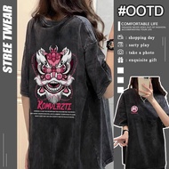 现货！高街水洗黑短袖T恤女个性醒狮印花夏季宽松百搭做旧情侣潮牌上衣High Street Washed Black Short-sleeved T-shirt Women's Personality 