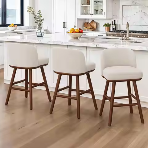 Counter Height Bar Stools Set of 3, Upholstered Barstools with Wooden Legs and Backs, 19.7 W amp 27.