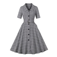 MILI Retro Dress Classic Plaid Short-Sleeved Umbrella Hem Dress Large Pocket 50S Hepburn Dress Free 