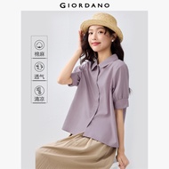 GIORDANO ผู้หญิง เสื้อเชิ้ตผ้าฝ้ายลินินธรรมชาติ คอกลม เสื้อเชิ้ตติดกระดุม แขนพองสั้น เสื้อเชิ้ตแฟชั่