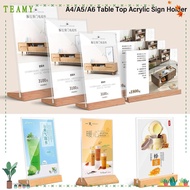 TEAMY Table Top Sign Holder, A4/A5/A6 Double Sided Menu Display Stand, Creative with Wood Base Acrylic Picture Card Frame Wedding