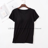 [SUJI Secret]2 In 1 Stylish Womens T-Shirt with Padded Bra Cup Short Sleeve Slim Fit Base Shirt Round Neck Top