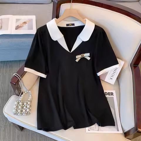 150Kg Plus Size Women's Bust 153 Summer Loose College Polo Shirt Short Sleeve Bow T-shirt Black 5XL 