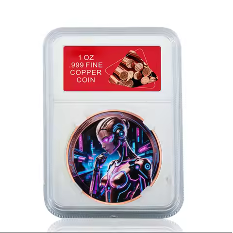 1oz .999 Fine Copper Futuristic Cyborg Lady Challenge Coin in Slab Case Cyberpunk Female Robot Pure