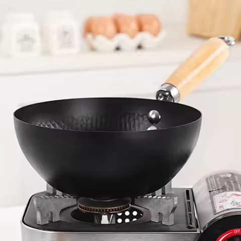 Carbon Steel Mini Wok 20cm Classic Kitchen Cooking Pot Non-Induction/Wooden Handle Flat Base Pan Inc