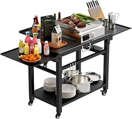 Kitchen Work Dining Table w/ Wheels, Pizza Oven Cart w/ Double-Shelf &amp; 3 Shelves, Foldable Food Prep Cart for Outside, Outdoor Portable Grill Table for Blackstone, Weber, Cuisinart, Griddle, Ooni