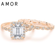 AMOR 925 Sterling Silver Bridal Ring Sets Emerald Cut CZ Rose Gold Engagement Rings 2CT Vintage Prom