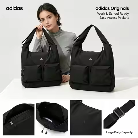Adidas Originals Black Tote Bag Soft Large Capacity Classic Logo Shoulder Handbag Zipper Closure Wor
