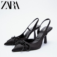 《416》Zara รองเท้าส้นสูง หัวแหลม ประดับโบว์ สีดํา เข้ากับทุกการแต่งกาย สําหรับผู้หญิง