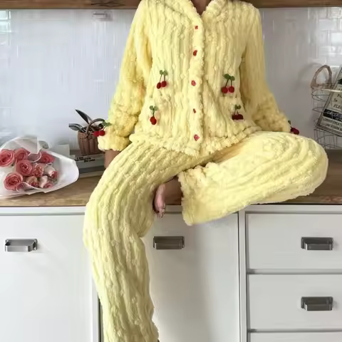 Women's robe pajamas 2026 fleece warm pajama top+pant sets sweet cherry girls pajamas outside autumn