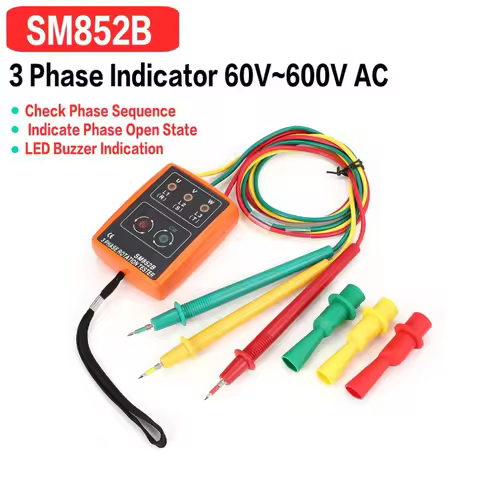SM852B 3 Phase Rotation Tester Digital Phase Indicator Detector LED Buzzer Phase Sequence Meter Volt